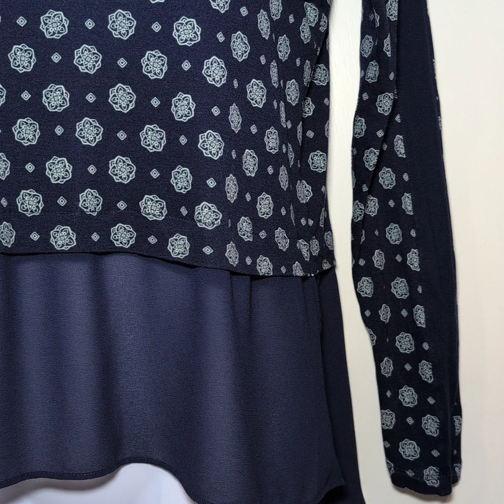 Michael Kors Top Small Navy Long Sleeve Printed Blouse